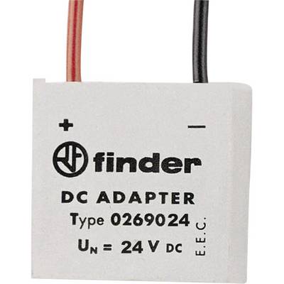 A DC adapter marked 'Finder', type '0269024'. Voltage 'Un = 24V DC'. Shows connections for voltage input.