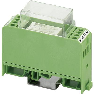 A green relay on a DIN rail, with terminals A1, A2, 11, 12, 14, identifiable by the labelling on the front surface.
