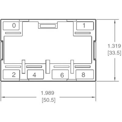 Technical drawing of a rectangular component with dimensions in inches and millimetres. Numbers in rectangular fields are 0, 1, 2, 4, 6, 8.