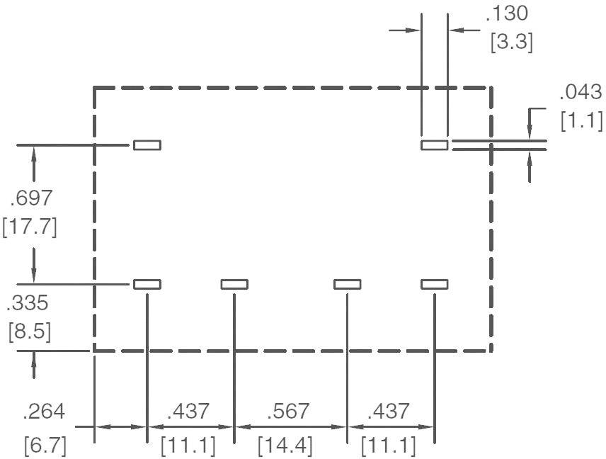 Technical drawing of a rectangular component with dimensions in inches and millimetres. Shows hole spacing and external measurements.