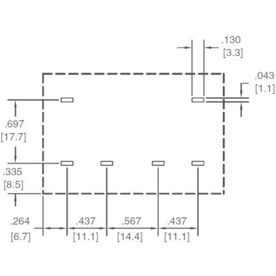 Technical drawing of a rectangular component with dimensions in inches and millimetres. Shows hole spacing and external measurements.