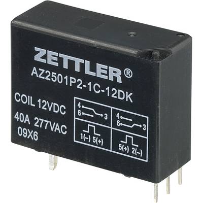 Black relay with the inscription 'Zettler AZ2501P2-1C-12DK', rated values 12V DC coil, 40A 277V AC. Four circuit diagrams are shown.