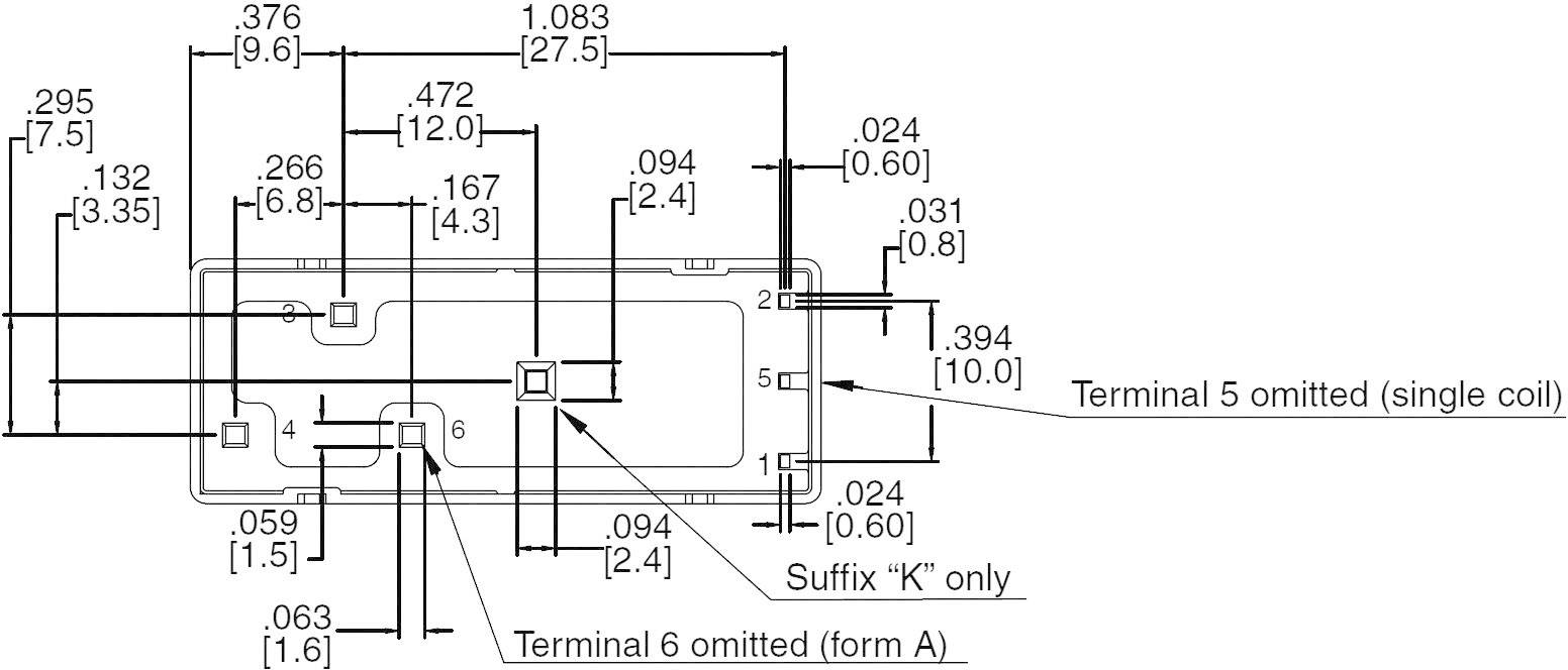 Schematic of an electrical component with dimensional specifications in inches and millimetres. Connections and specific terminals are described.