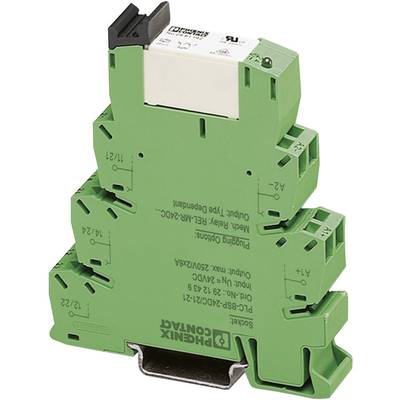 Green electromechanical relay module with multiple terminals, suitable for controlling electrical circuits.