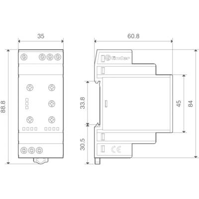Diagram shows dimensions of an electrical device from different perspectives. Width: 35 mm, Height: 88.8 mm, Depth: 60.8 mm.