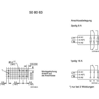 Technical drawing of a connector; shows connection layouts for '2-pole 8 A' and '1-pole 16 A'; mounting dimensions provided.