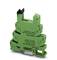 Green electronic relay module with multiple terminals, mounted on a DIN rail. Suitable for electrical control applications.