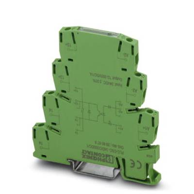 A green, electronic plug module with multiple connectors and internal circuit graphics. Used for connection in electrical systems.