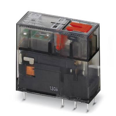 Rectangular electronic relay with a transparent casing, visible coil, and red and black components for electrical circuits.