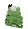 Green pluggable relay module with labelling, mounted on DIN rail, used for electrical signal and load isolation.