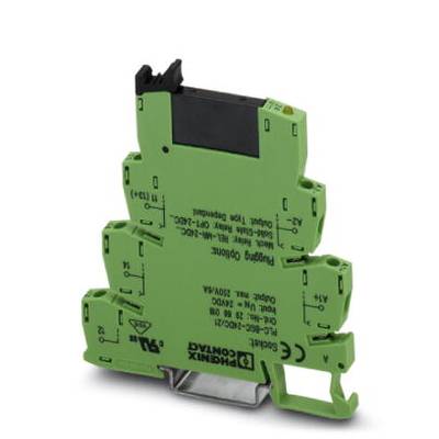 Green electronic relay module with printed label, used for controlling electrical processes.