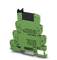 Green electronic relay module with printed label, used for controlling electrical processes.
