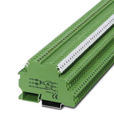 Green terminal block with multiple connection options and side labelling, used for electrical installations.