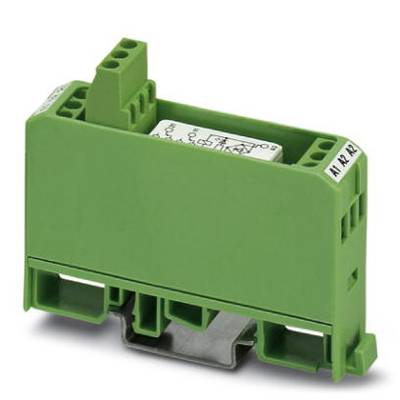 Green electronic relay module mounted on a DIN rail, with labelling, showing contacts and circuit diagram from above.