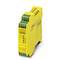 A yellow, compactly designed safety relay with multiple green connection terminals for industrial applications.