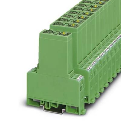 Green industrial electronics modules on a DIN rail, used for automated control in facilities and machines.