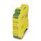 Yellow safety relay by Phoenix Contact with multiple green connection terminals and black labelling on the front.