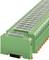 Green electronic terminal modules arranged side by side on a metal rail for industrial applications.