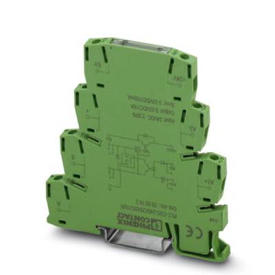 Green electronic component by Phoenix Contact with multiple plug-in terminal connections, suitable for mounting on a DIN rail.