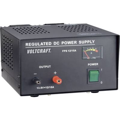 The image shows a 'Voltcraft' regulated DC power supply with an ammeter. On the left are the outputs. On the right is the power switch.