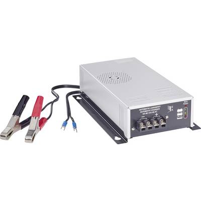 An automatic battery charger with two cables and clamps, marked 'AUTOMATIC CHARGER'. Suitable for 12-24 volt batteries.<br><br>Note: The translation maintains the technical specificity and original meaning while using standard British English terminology.