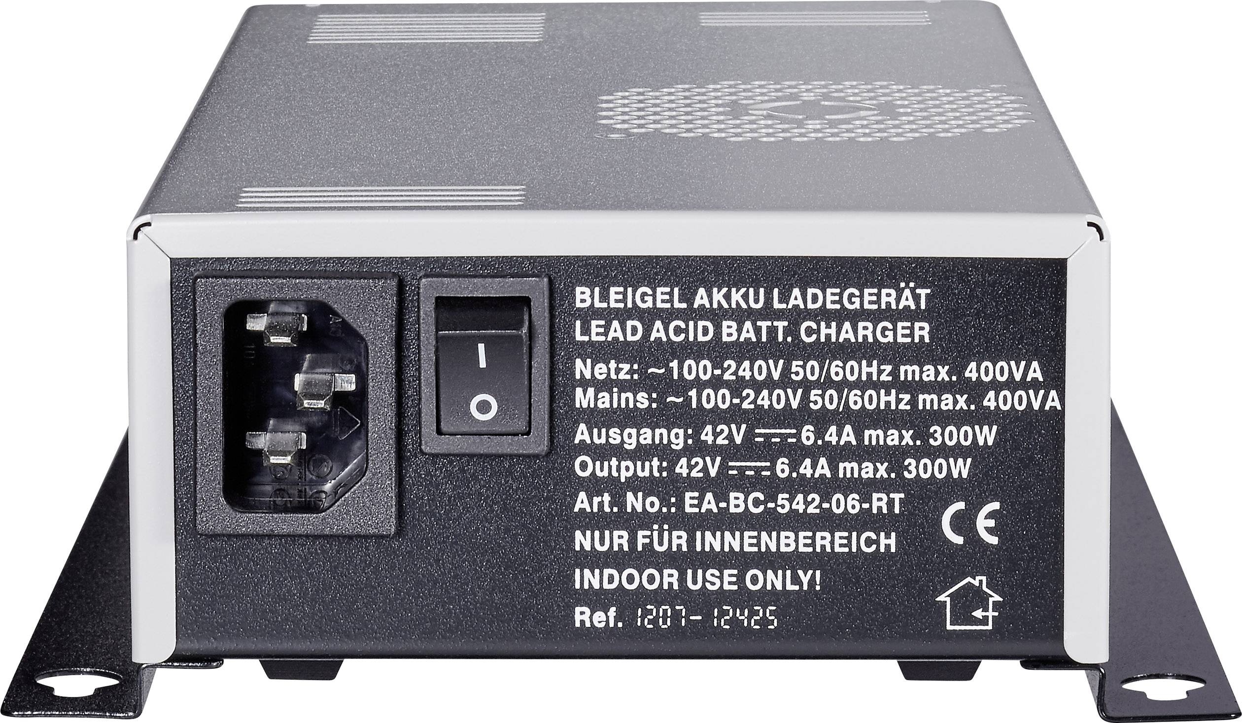 'Lead-acid Battery Charger with Power Switch and Connection. Text: Lead Acid Battery Charger, Mains and Output Data, Indoor Use Only.'