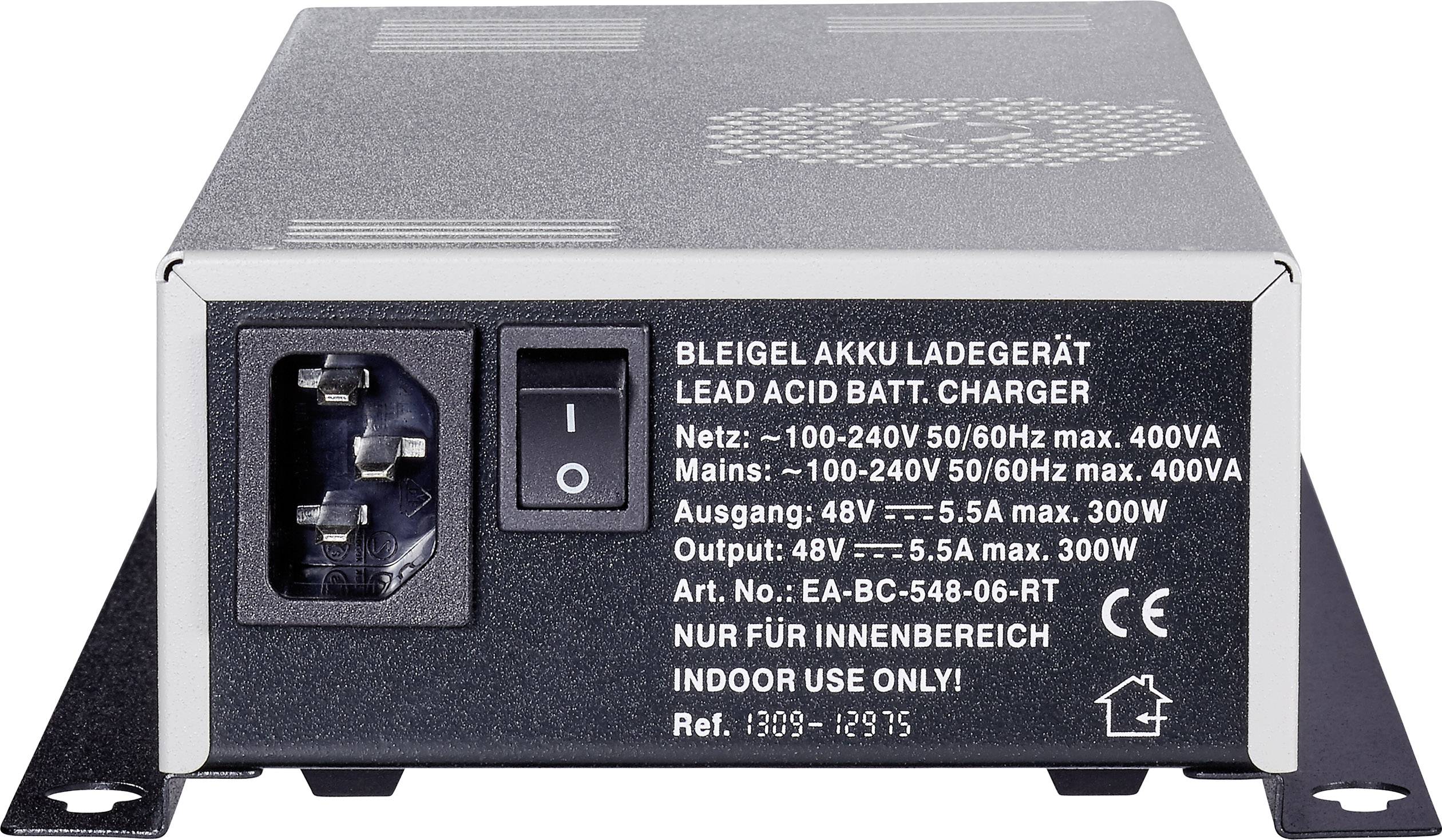 'Bleigel Battery Charger' with technical specifications: Input 100-240V, 50/60Hz, max. 400VA. Output: 48V, 5.5A, max. 300W. Indoor use only.
