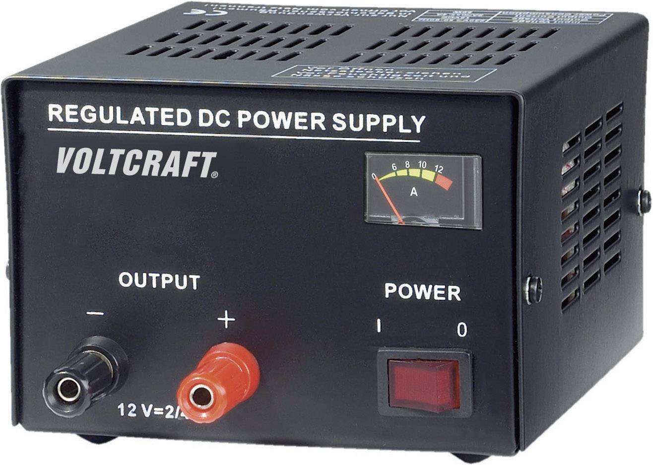 'Adjustable DC Power Supply' with Voltcraft logo. Front panel shows output connections, switches, and ammeter.