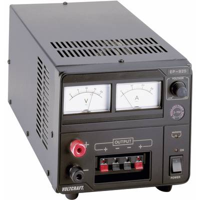 Black power supply unit with two analogue displays for voltage (volts) and current (amperes), featuring multiple switches and connections.
