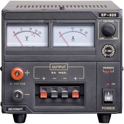 Power supply unit with voltage and ammeter. Displays voltage and current measurement. Switch for voltage adjustment and current limit.