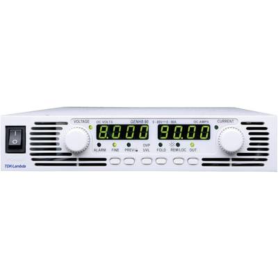 A white electronic device with a digital display, showing '8.000' for voltage and '90.00' for current. A power switch is located on the left side.