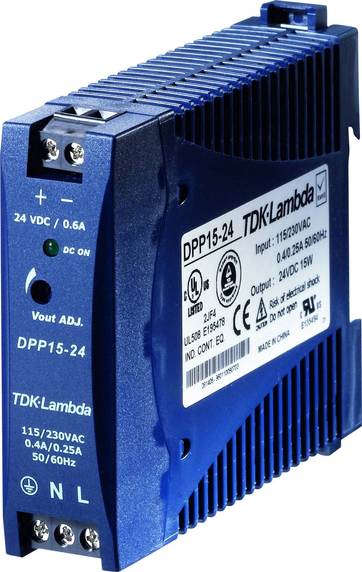 A blue switched-mode power supply from TDK-Lambda, model DPP15-24, with details on current and voltage. Suitable for 24 VDC and 115/230 VAC.