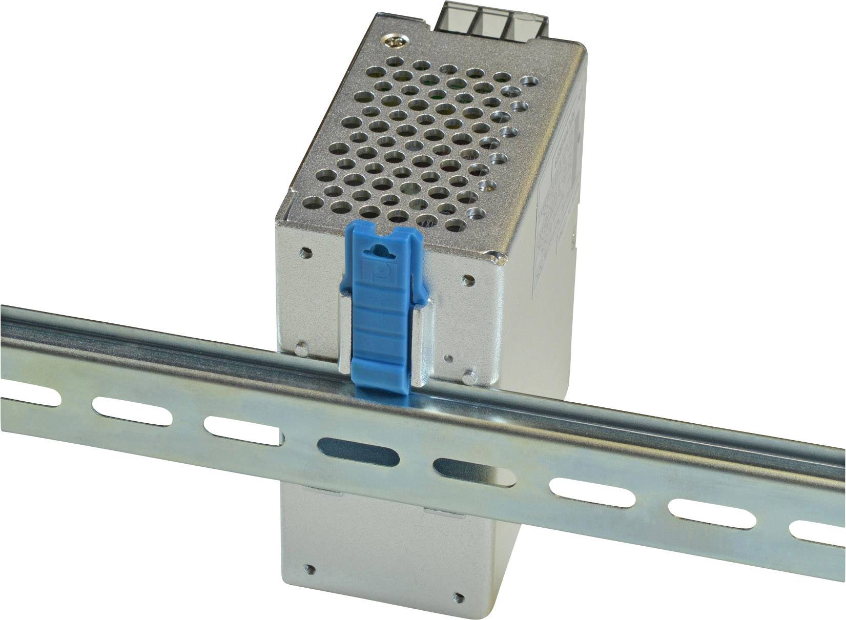 'A rectangular, metallic device with a perforated top is attached to a horizontal metal rail.'