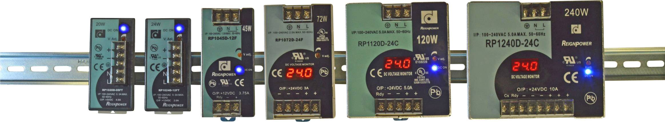A row of red digital voltmeters, mounted on a metal rail, displaying voltage readings of 240 V.