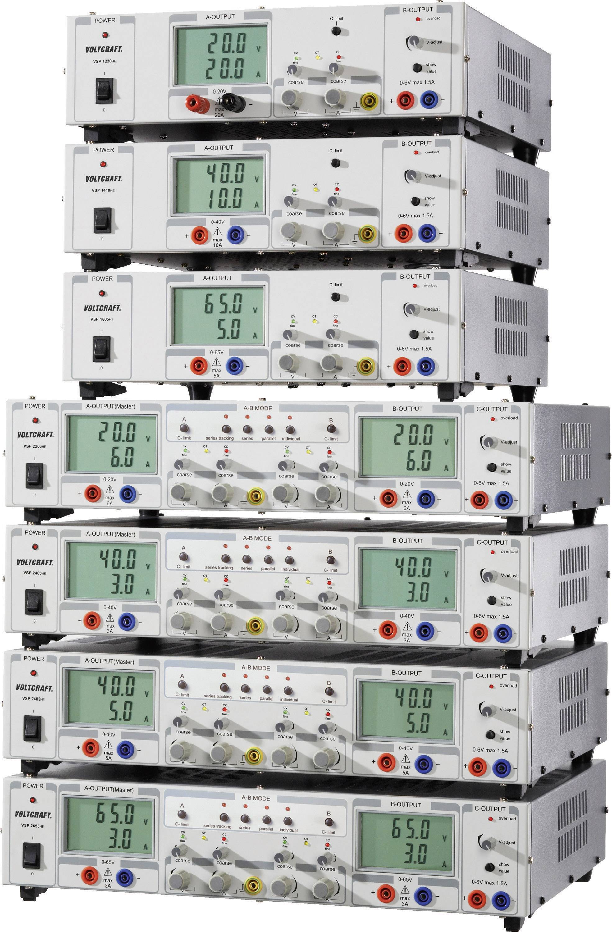 Six stacked programmable power supplies with digital displays, rotary knobs, and connections, showing various voltage settings.