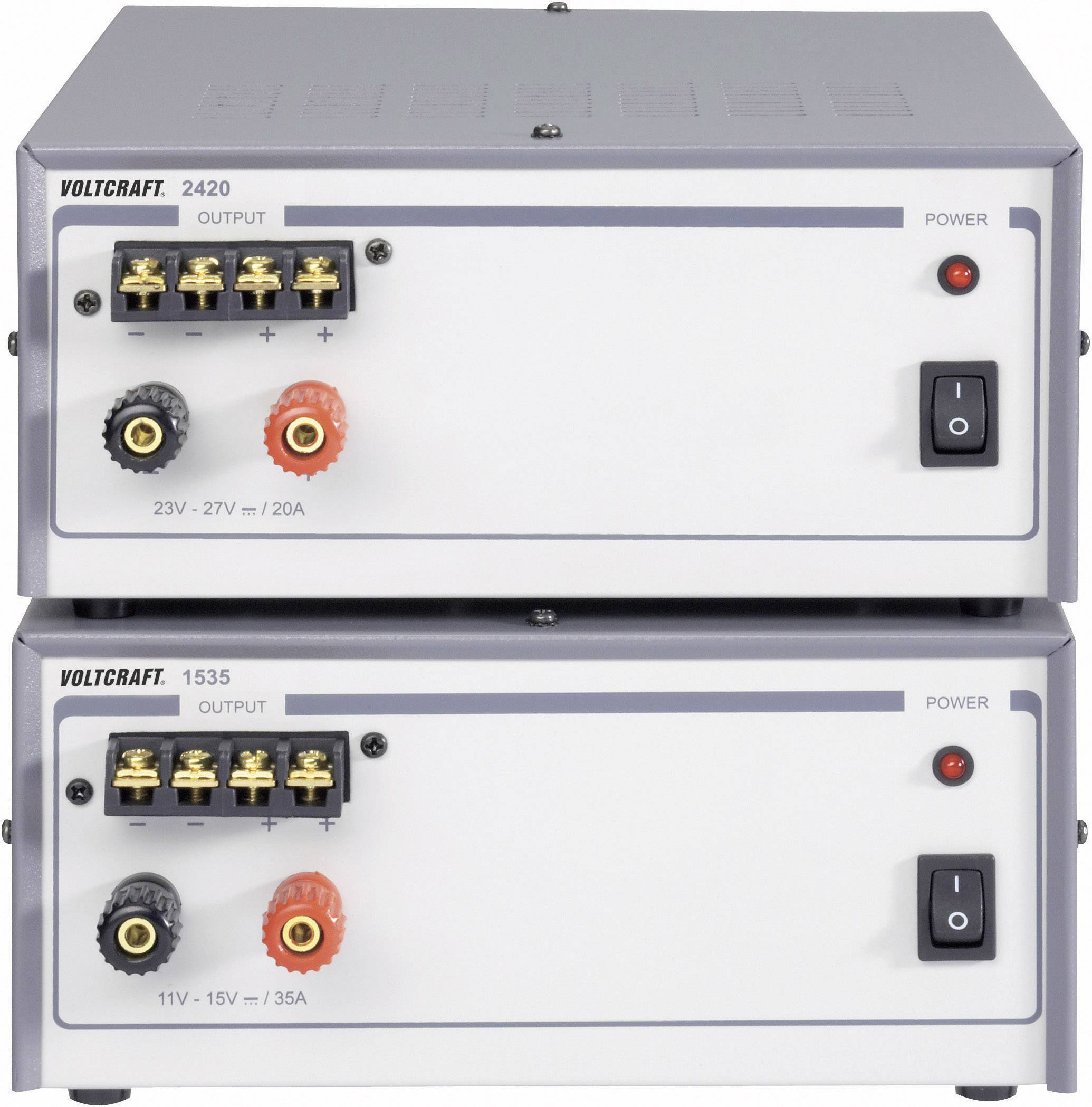 Two stacked power supplies with switches and connections. Top unit: 23V-27V/20A. Bottom unit: 11V-15V/35A.