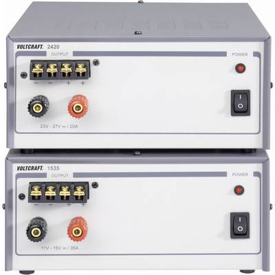 Two stacked power supplies with switches and connections. Top unit: 23V-27V/20A. Bottom unit: 11V-15V/35A.