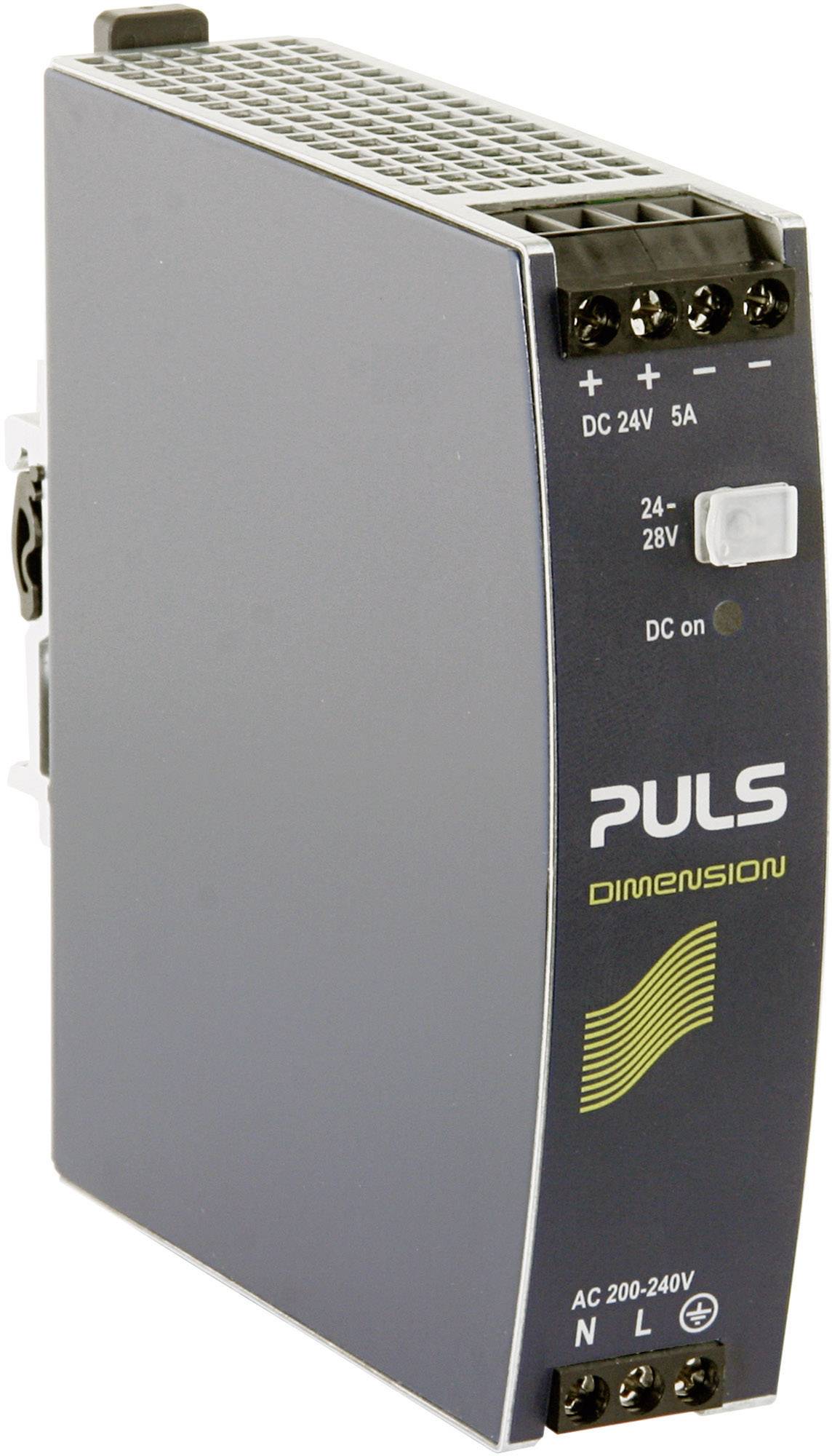Power Supply Unit Pulse Dimension, 24V DC, 5A, for AC 200-240V. Suitable for powering electronic devices.