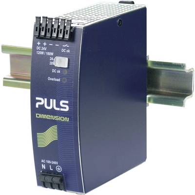 A blue switch-mode power supply by Puls for DIN rail mounting. Labelled with 'DC 24V', '120W/180W', 'Overload', 'Dimension'.