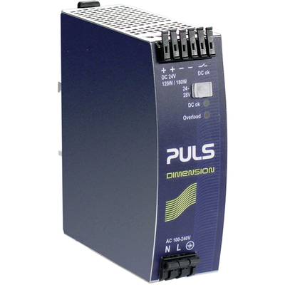 'Power supply unit PULS Dimension, 24V, 120W/180W, 24-28V, overload indicator and status LEDs on the front, AC 100-240V input.'