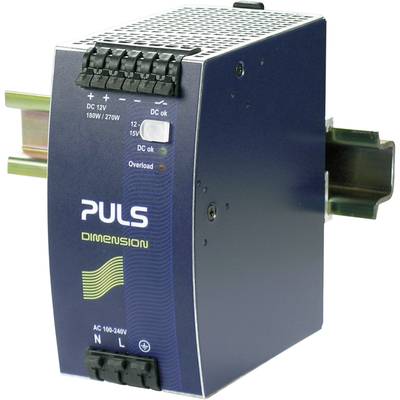 A blue PULS power supply unit, model 'DIMENSION', mounted on a DIN rail. It has input and output connections along with status indicators.