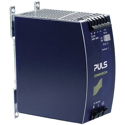 A blue power supply unit with the inscription 'PULS Dimension', mounted on a metal bracket, suitable for industrial applications.