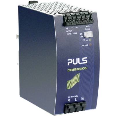 A PULS power supply unit, model 'DIMENSION', shows an input range of 100-240V AC, output 24-28V DC, status indicators and connection terminals.