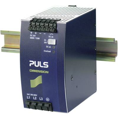 A blue switched-mode power supply from the PULS brand, with the model name DIMENSION, mounted on a DIN rail. It displays status indicators and connections.