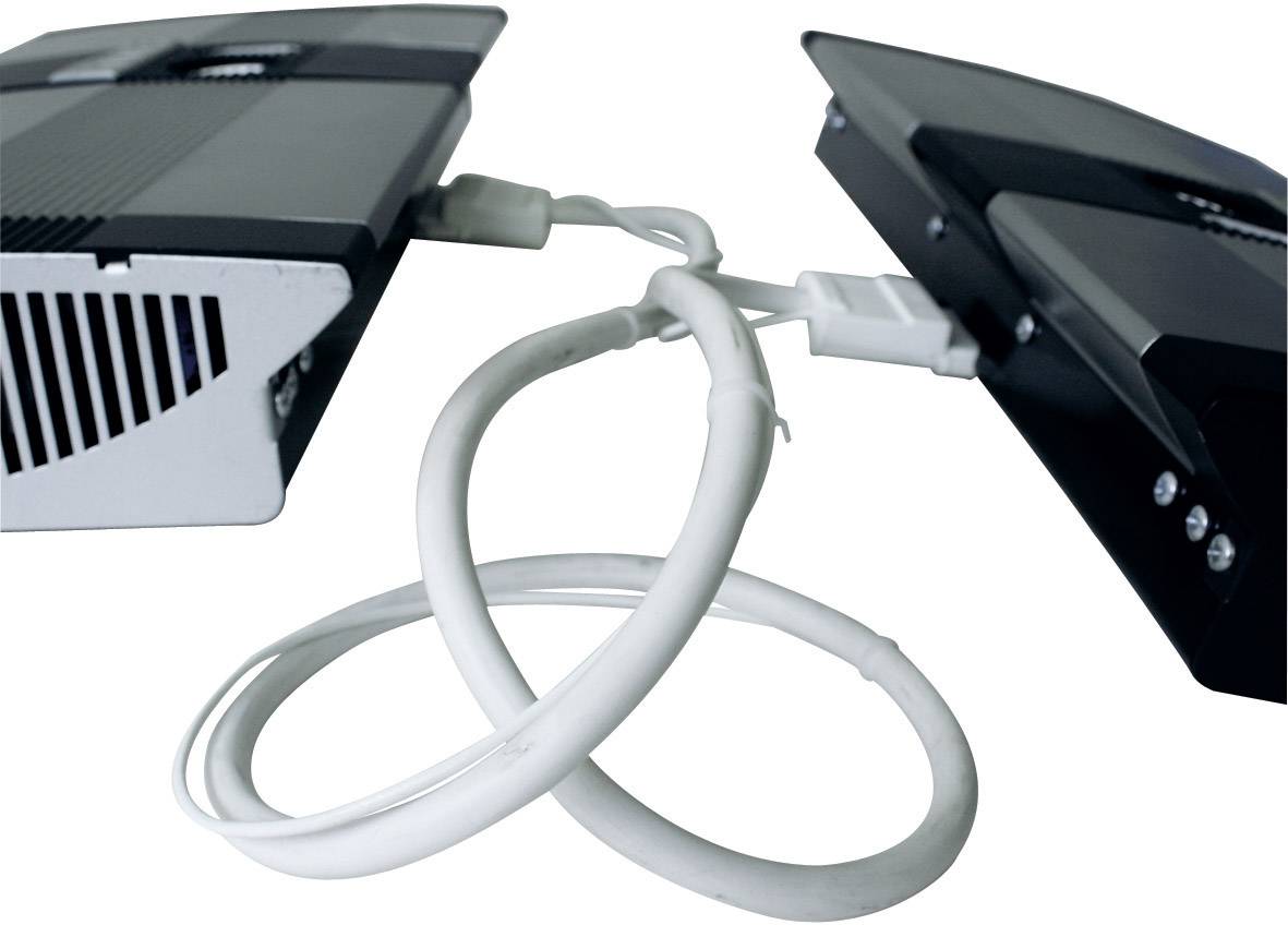 Two black devices are connected by a white cable formed into a loop. The devices are positioned opposite each other.
