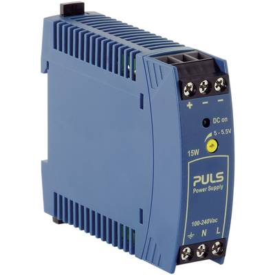Blue power supply with the inscription 'PULS Power Supply 15W, 100-240Vac, 5-5.5V'. Shows input and output connections.