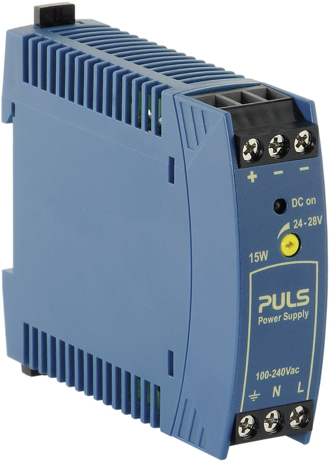 Blue switched-mode power supply with 'PULS Power Supply' inscription. Shows input range of 100-240 V AC and output range of 24-28 V DC, 15 W.