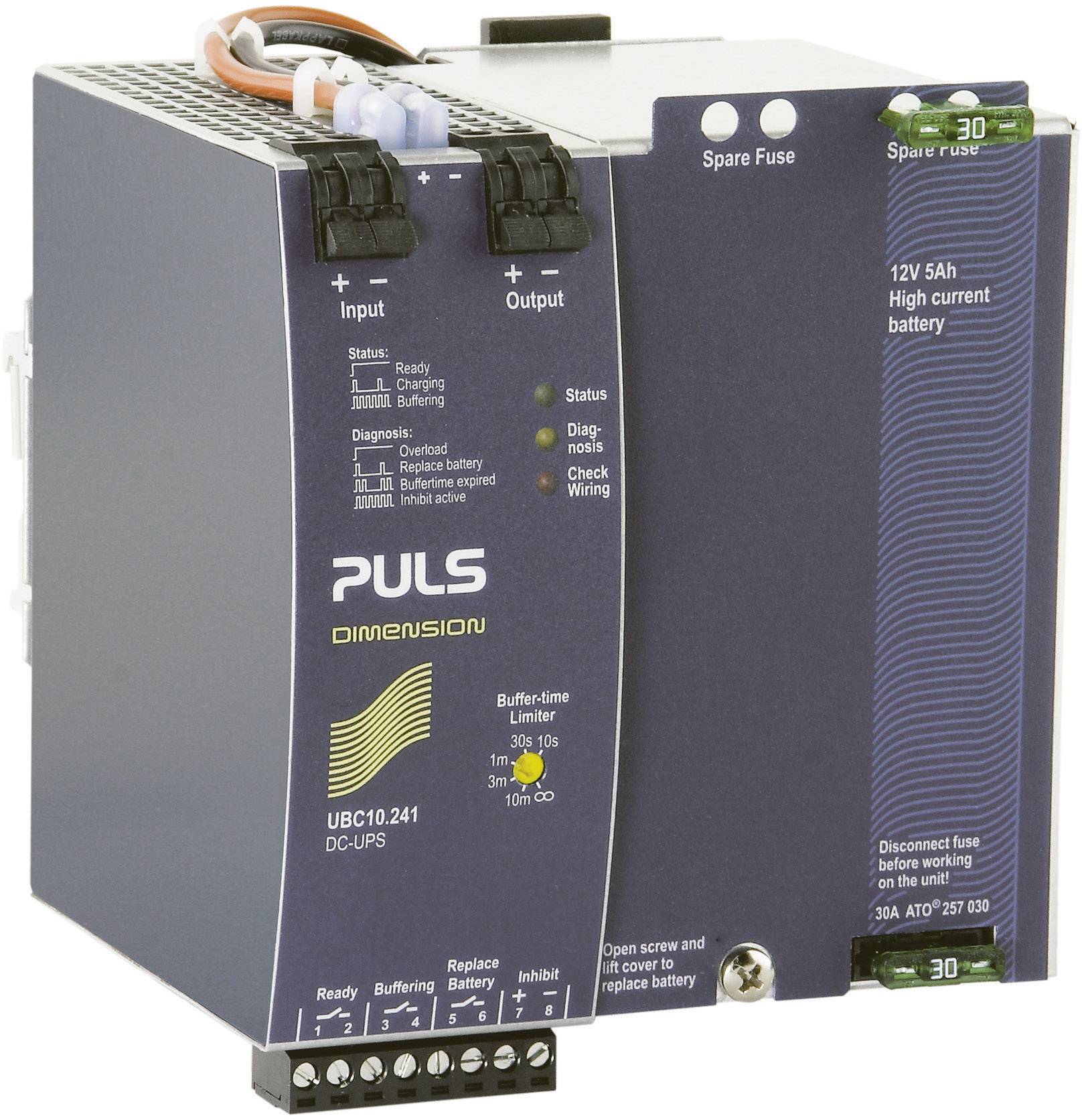 The image shows a blue PULS Dimension DC uninterruptible power supply (UPS) with input and output connections, along with status indicators for charge level and diagnostics.