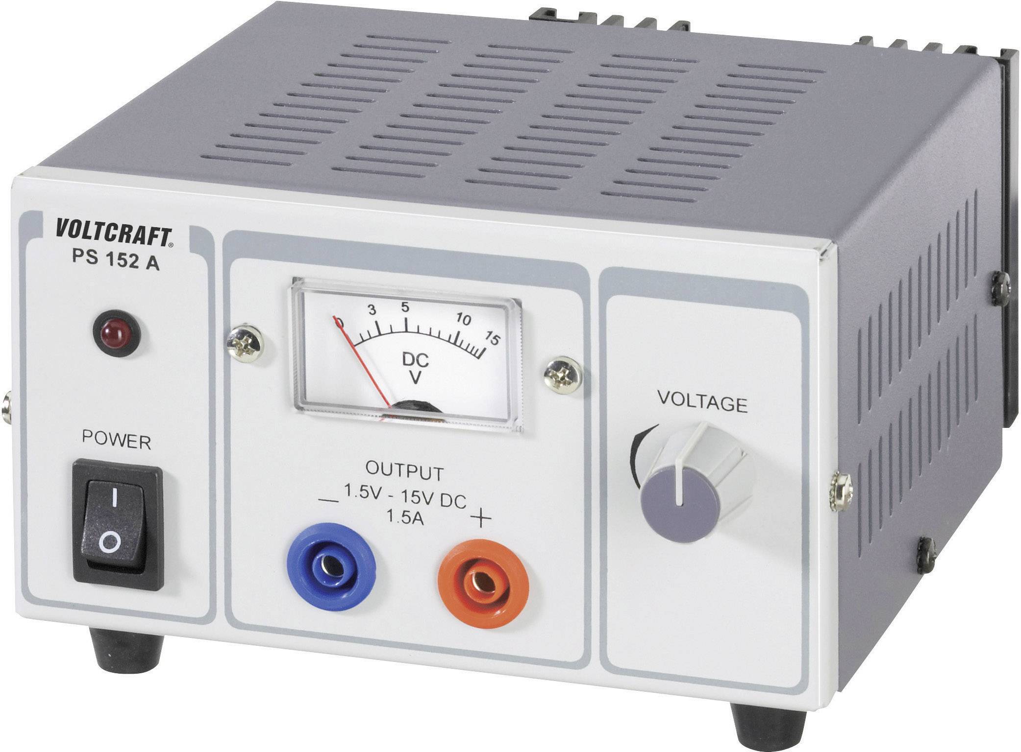 Laboratory power supply with analogue voltmeter, voltage switch and on/off switch. Output: 1.5-15V DC, 1.5A. Brand: Voltcraft PS 152 A.