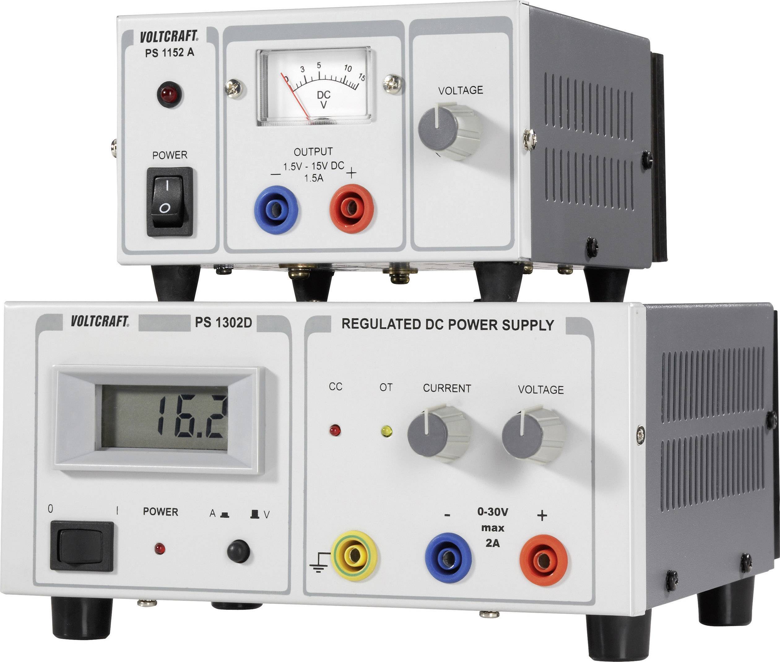 Two electronic direct current power supplies stacked on top of each other. On top, an analogue model with a rotary control, below a digital model with an LED display.